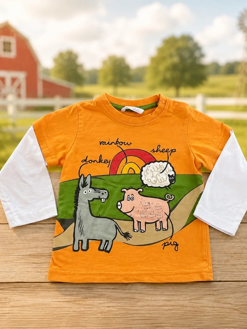 H&M Farm Animal Shirt + Cat & Jack Green Shorts Toddler 18-24M Outfit Set